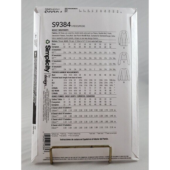 Misses Sweatshirt New Sewing Pattern Simplicity S9384, Size 6, 8, 10, 12, 14 - Picture 3 of 5